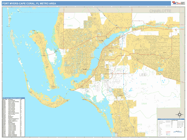 Fort Myers-Cape Coral Metro Area Zip Code Wall Map